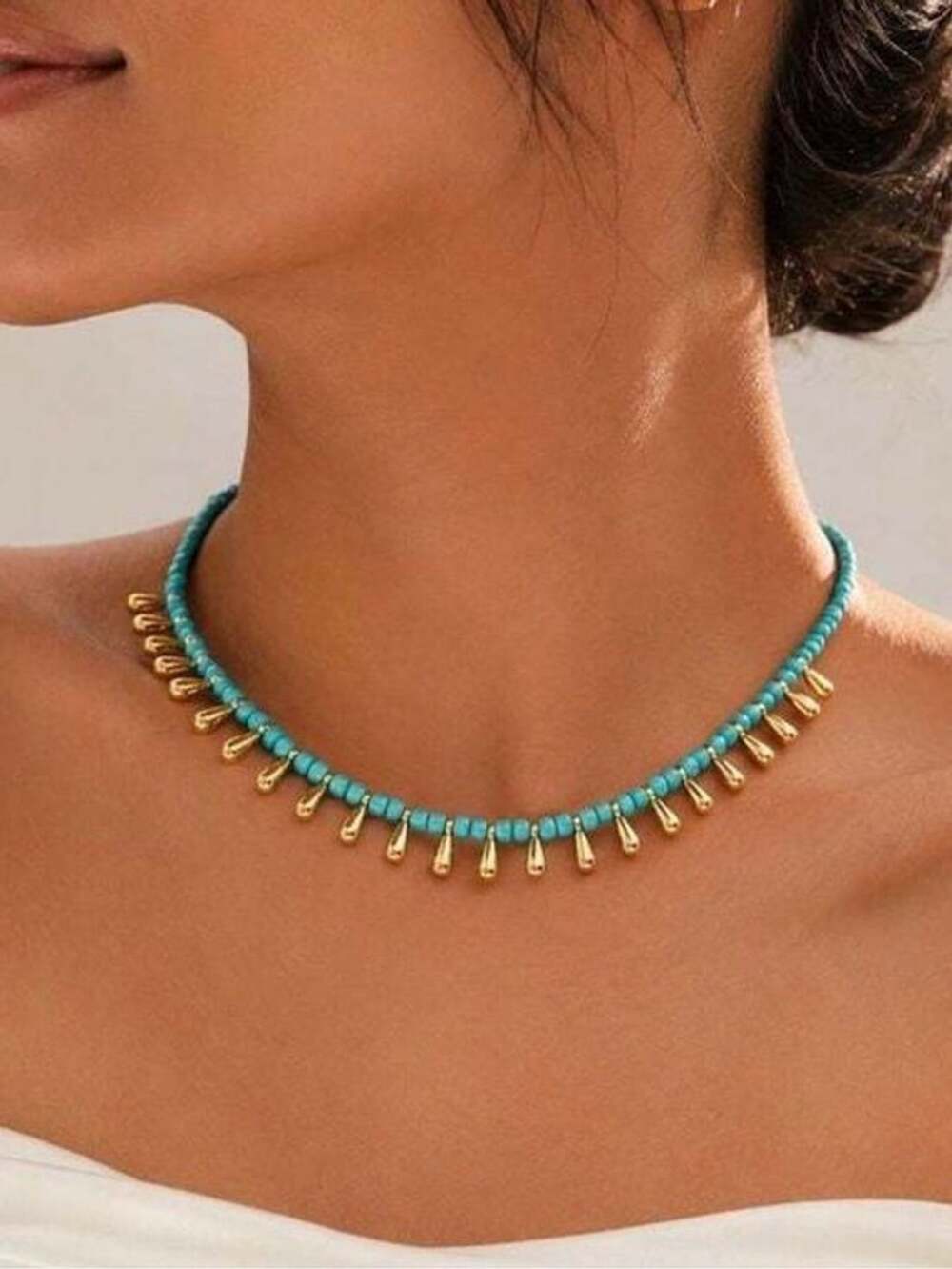 Turquoise Beaded Necklace with Gold Teardrop Accents
